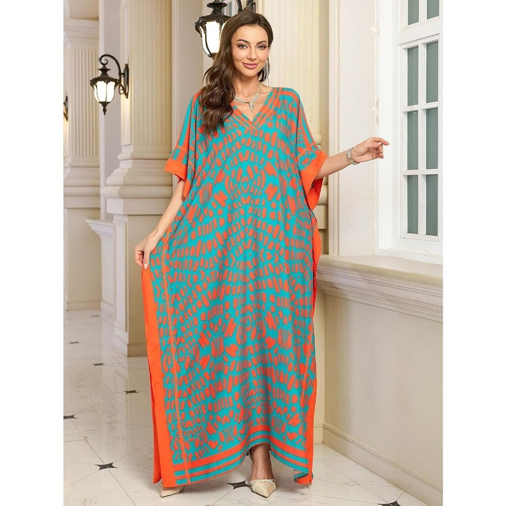 Kaftan Dresses for Women V Neck Batwing Sleeve Plus Size Caftans Swimwear - Picture 5 of 7